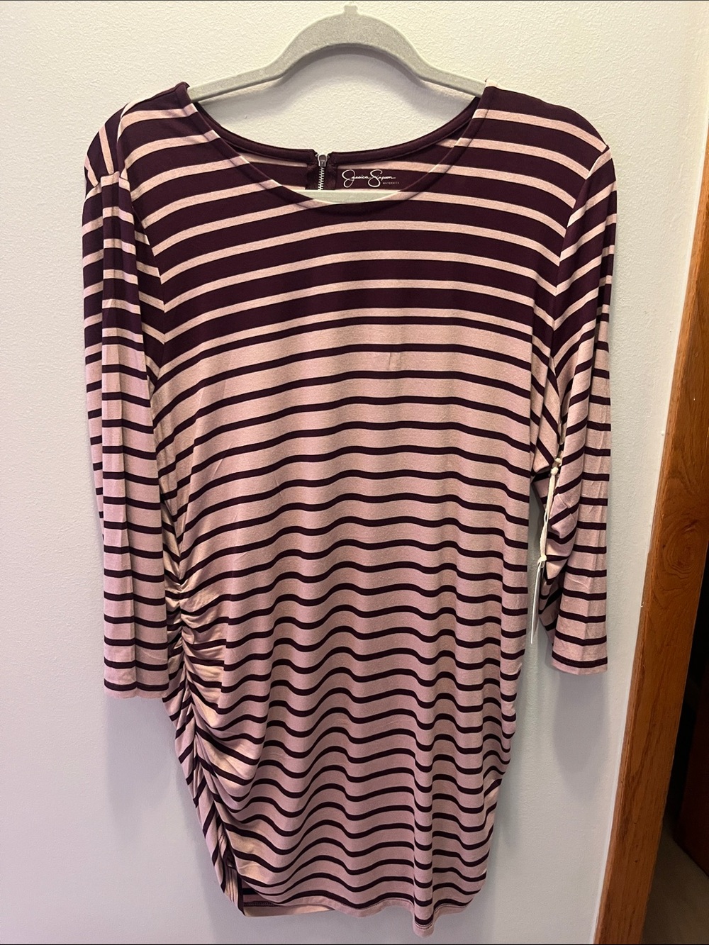 NWT Jessica Simpson Pink and Burgundy Striped Ruched Long Sleeve Maternity shirt